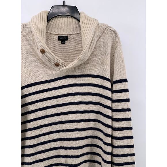 J.CREW Men’s Beige-Navy Striped Two-Button Shawl-Collar Long Sleeve Sweater SZ L - Picture 5 of 13